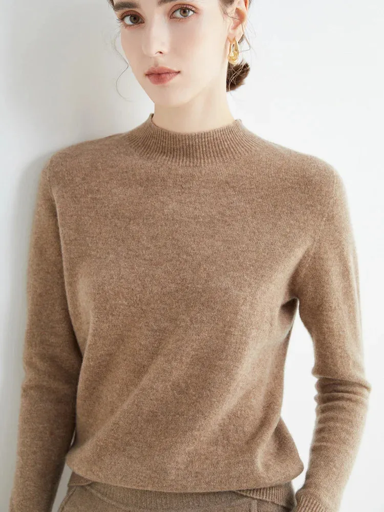Women's Solid Mock-neck 100% Merino Wool Pullover Sweater