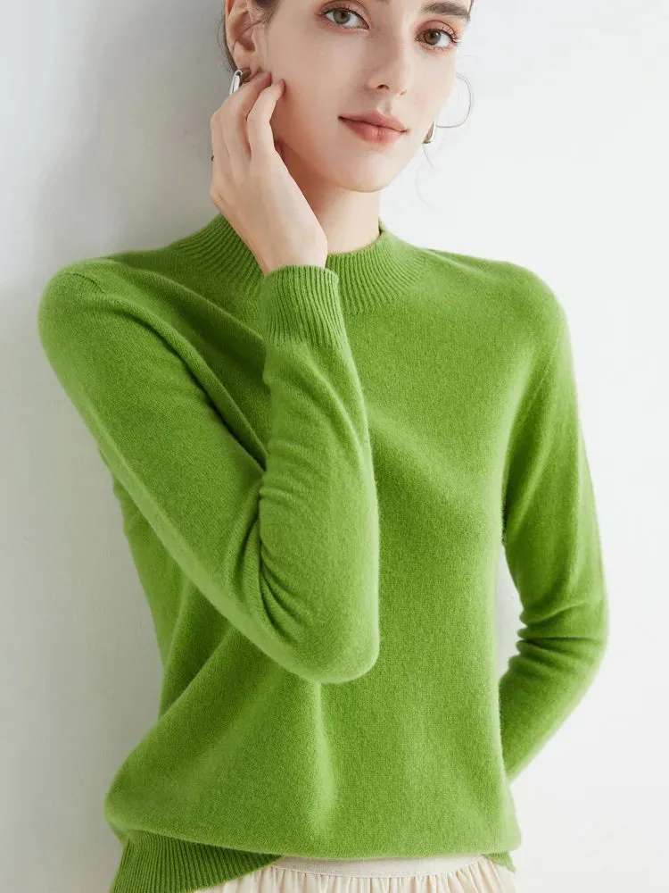 Women's Solid Mock-neck 100% Merino Wool Pullover Sweater