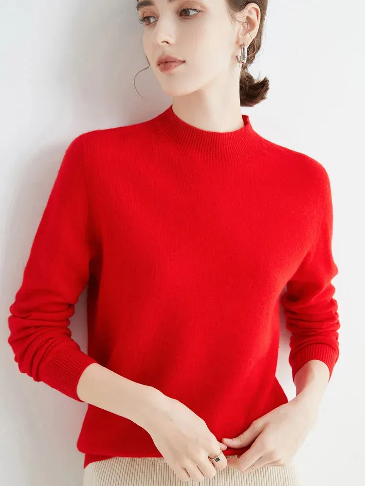 Women's Solid Mock-neck 100% Merino Wool Pullover Sweater