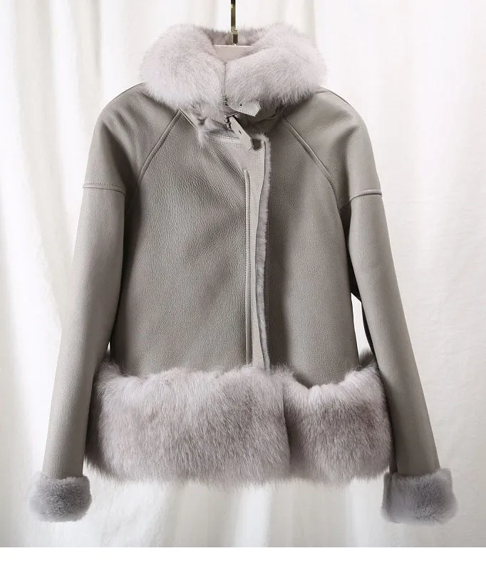Women's Winter Casual Leather Short Parka With Fox Fur