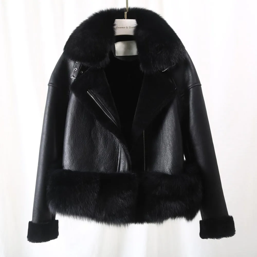 Women's Winter Casual Leather Short Parka With Fox Fur