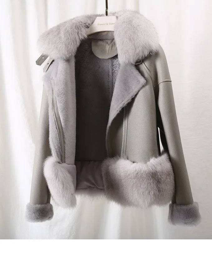 Women's Winter Casual Leather Short Parka With Fox Fur