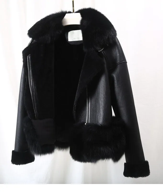 Women's Winter Casual Leather Short Parka With Fox Fur