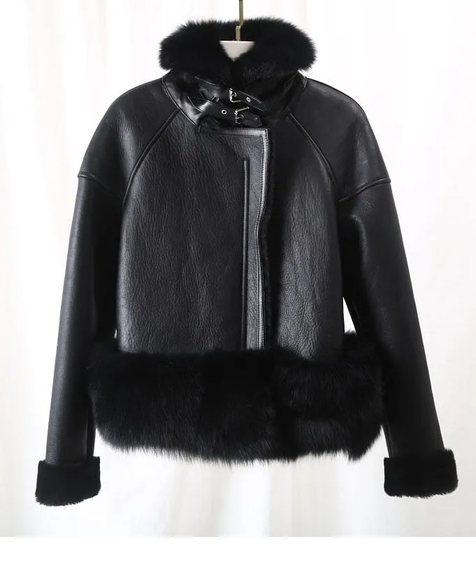 Women's Winter Casual Leather Short Parka With Fox Fur