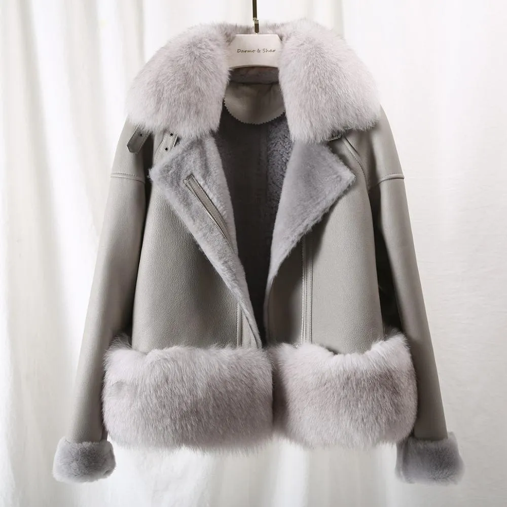 Women's Winter Casual Leather Short Parka With Fox Fur
