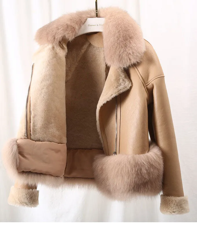Women's Winter Casual Leather Short Parka With Fox Fur