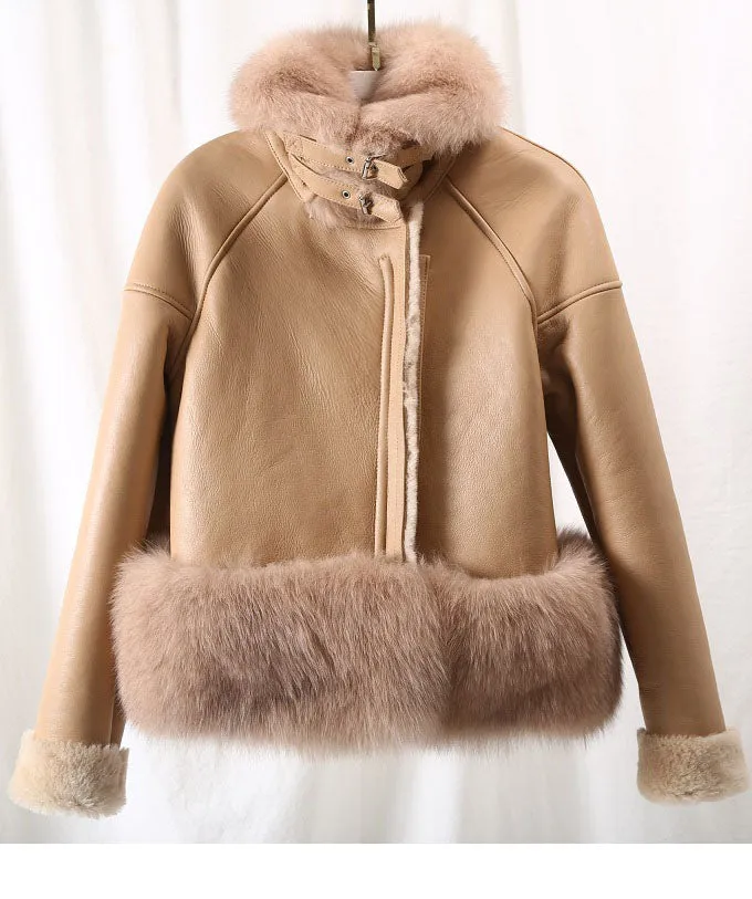 Women's Winter Casual Leather Short Parka With Fox Fur