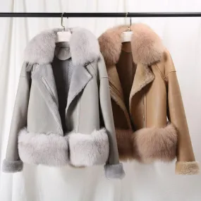 Women's Winter Casual Leather Short Parka With Fox Fur