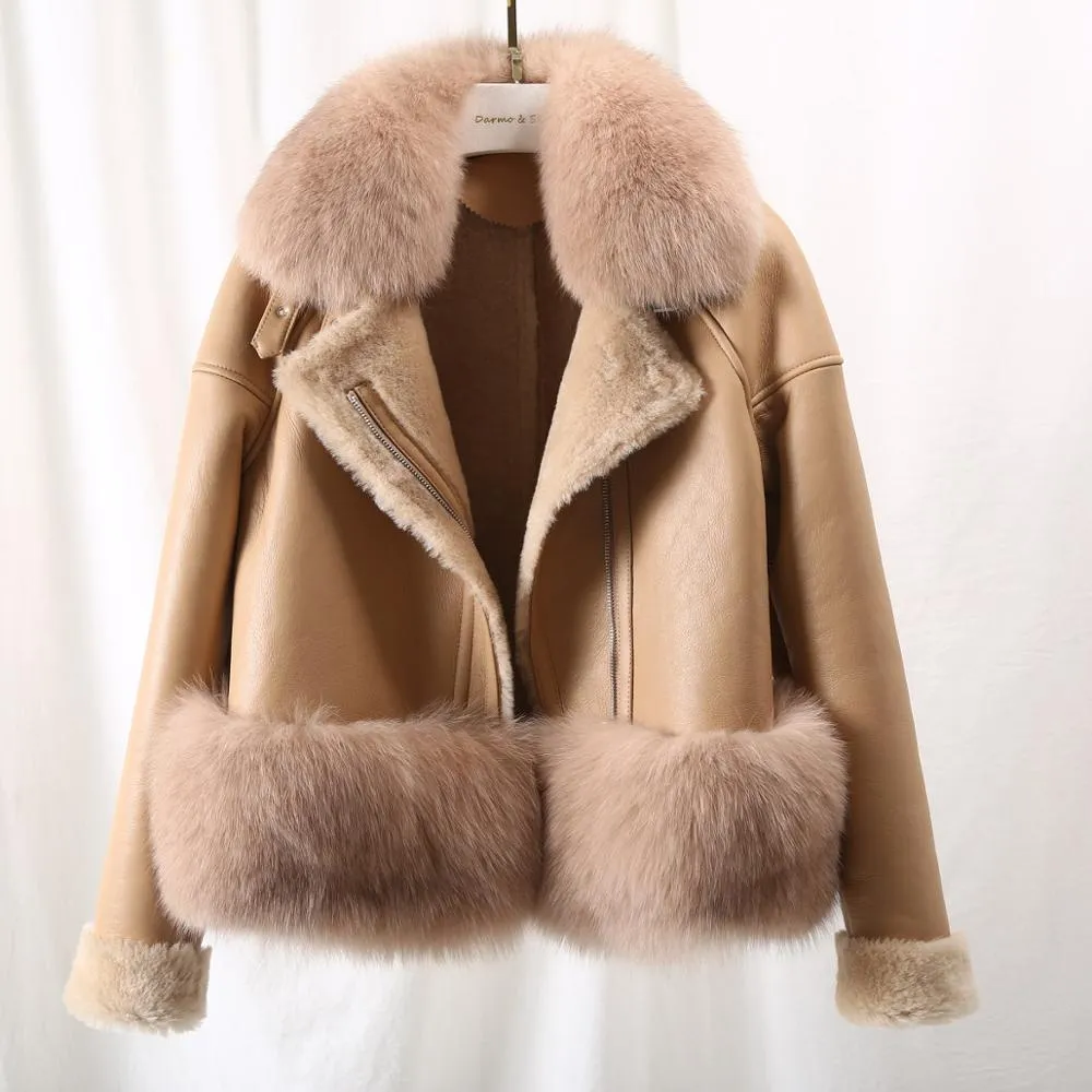Women's Winter Casual Leather Short Parka With Fox Fur