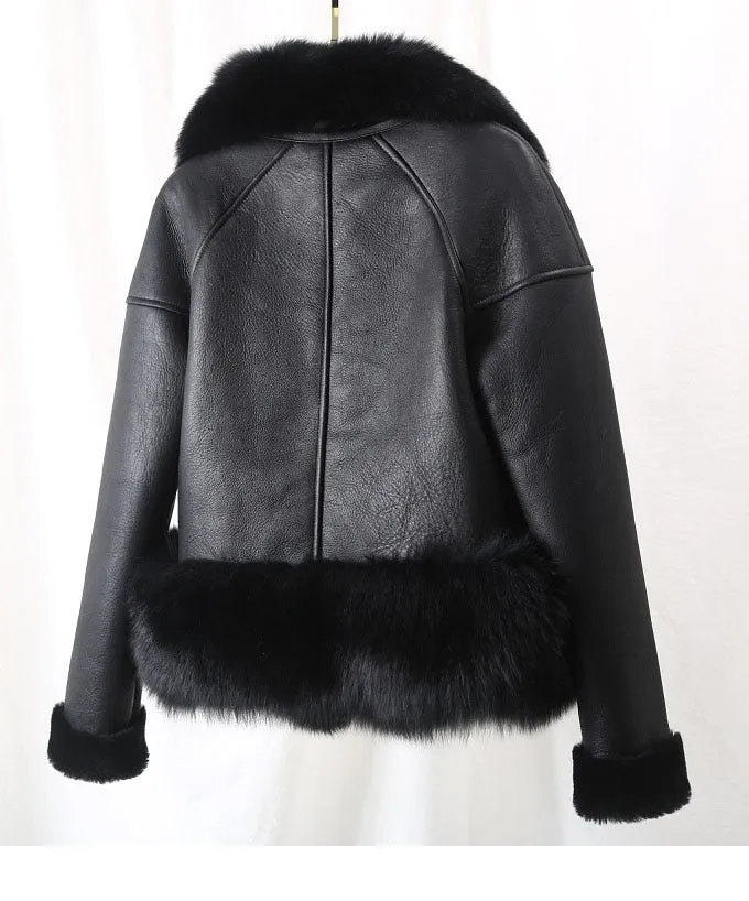 Women's Winter Casual Leather Short Parka With Fox Fur