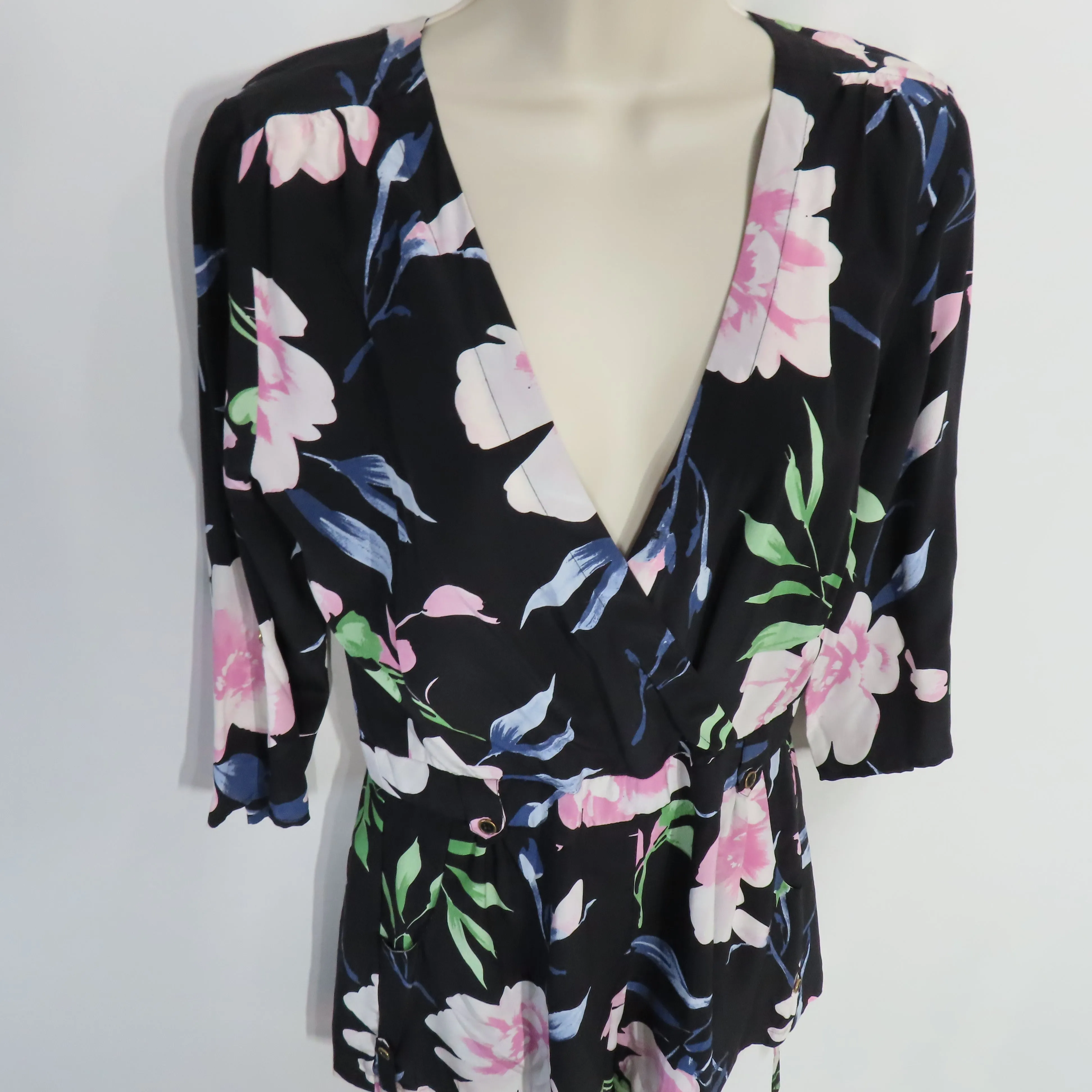 Yumi Kim Liz Romper Floral Paradise Found Black Silk Belted Surplice Neckline Size Small