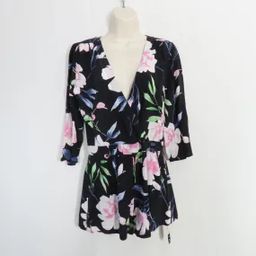 Yumi Kim Liz Romper Floral Paradise Found Black Silk Belted Surplice Neckline Size Small